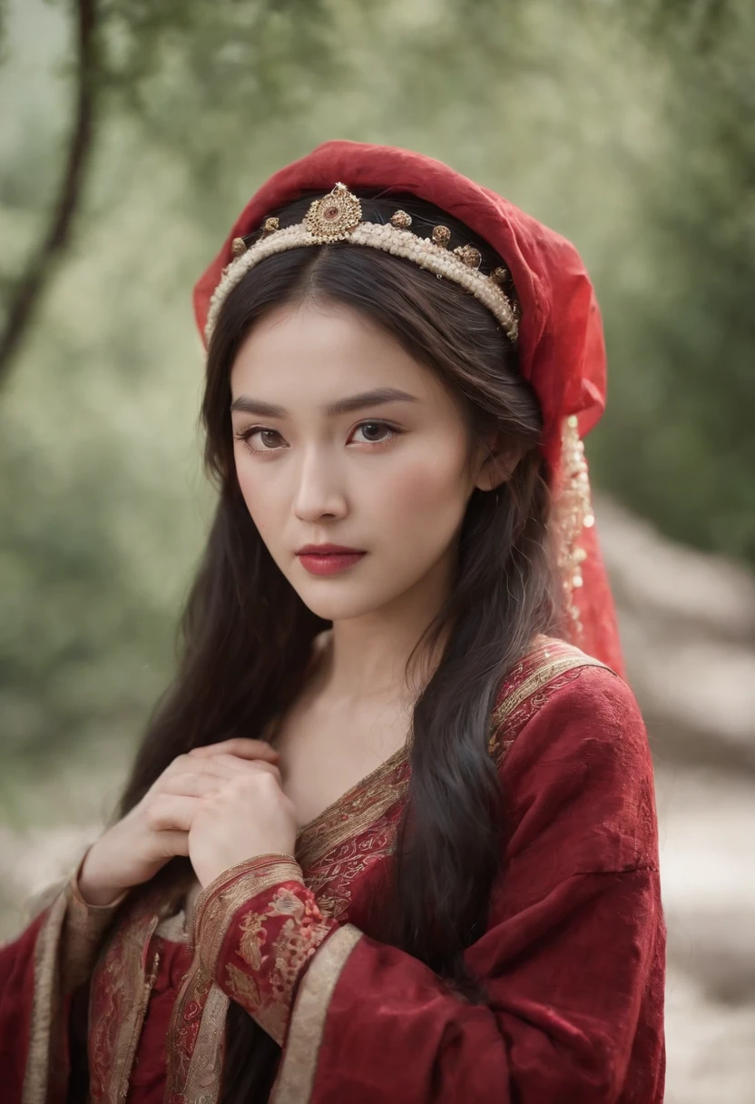(((A deep, reddish wound runs down his left cheek))) Fair complexion, Female about 19 years old, Natural Black Long Hair, distinct black eyes, Wearing national Kyrgyz clothes with patterns , slender and graceful, Beautiful, Candles in a medieval setting, ultra sharp focus, Realistic shooting, National women's clothing, Different Colors (scar:1.4)