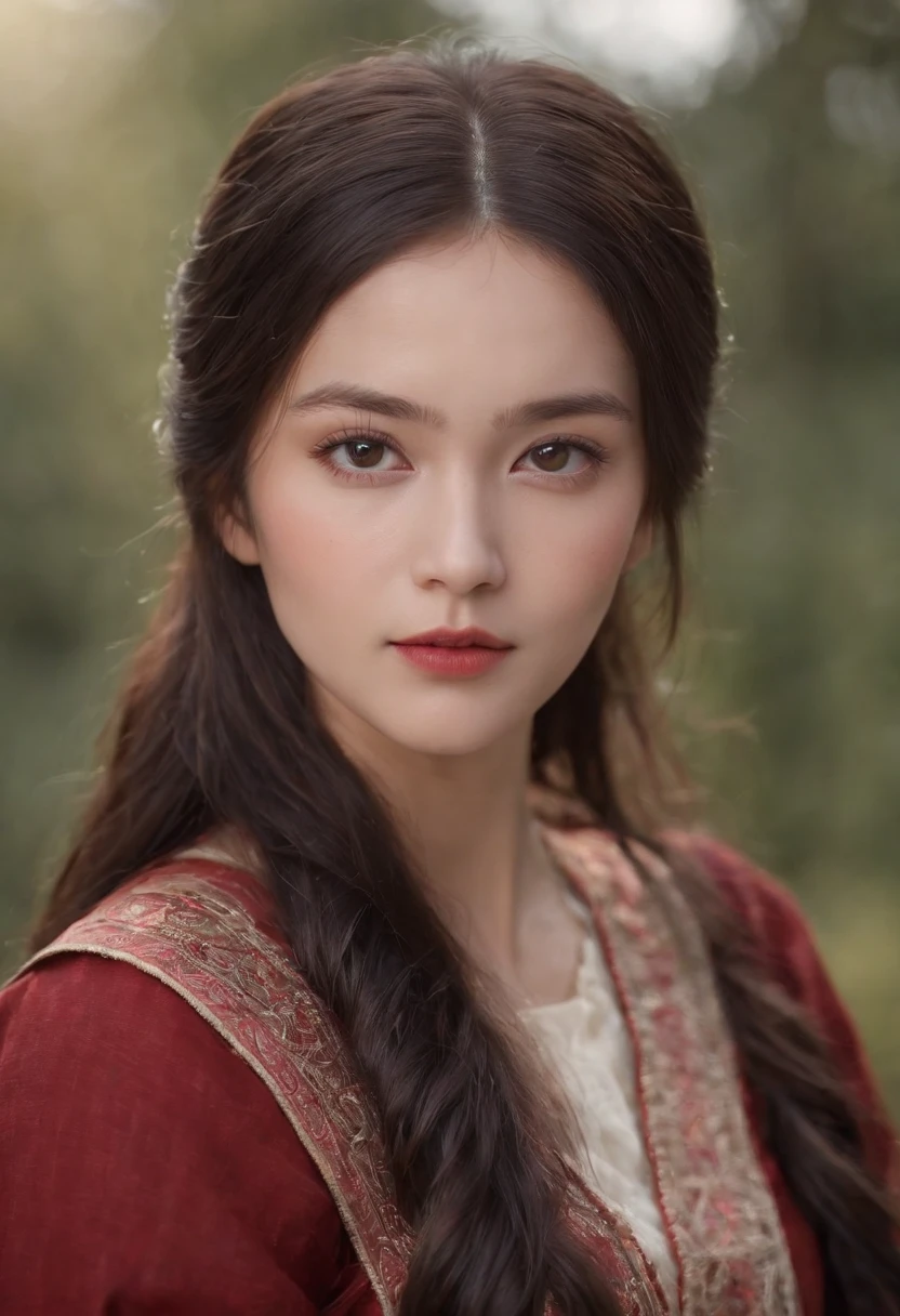 (((A deep, reddish wound runs down his left cheek))) Fair complexion, Female about 19 years old, Natural Black Long Hair, distinct black eyes, Wearing national Kyrgyz clothes with patterns , slender and graceful, Beautiful, Candles in a medieval setting, ultra sharp focus, Realistic shooting, National women's clothing, Different Colors (scar:1.4)