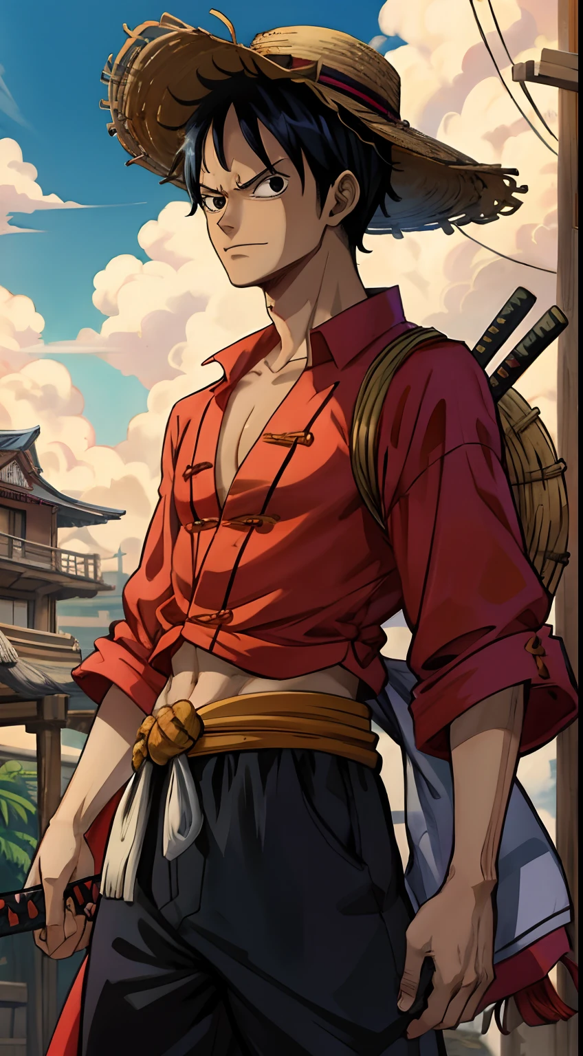 Luffy, Anime de One Piece, cabelos pretos, quimono vermelho, Cidade de Wano, Katana, straw hat, 1 menino