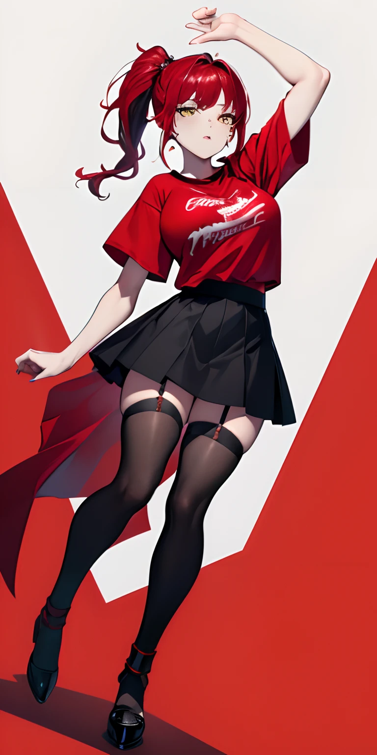 (beste-Qualit, tmasterpiece, 4k, in full height), 1girl, Scarlet from Mortal Kombat wearing a red shirt, black skirt and black stockings with red hair and yellow eyes