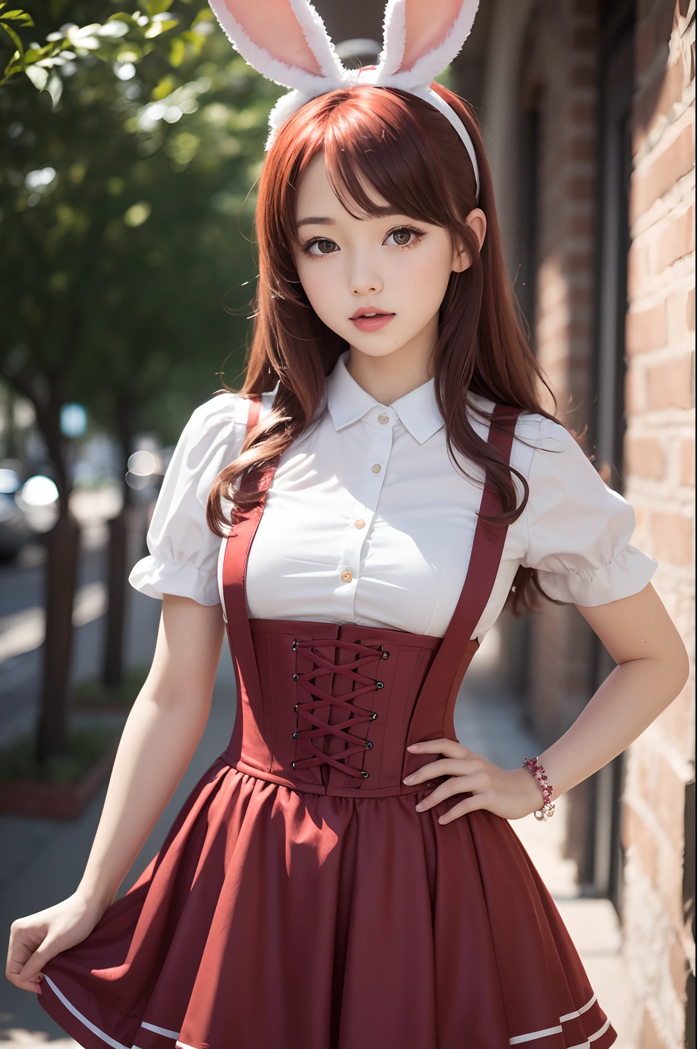 outrageous, Best Quality, 1girl in, Solo, Red hair, Purple eyes, Long hair, Big, Oh Bunny, Bunny ears, Red corset, School run, pinafore, red neck-ribbon, Red skirt, Hair Bow, Short sleeves, Wrist cuffs, White thighs, jingle bell