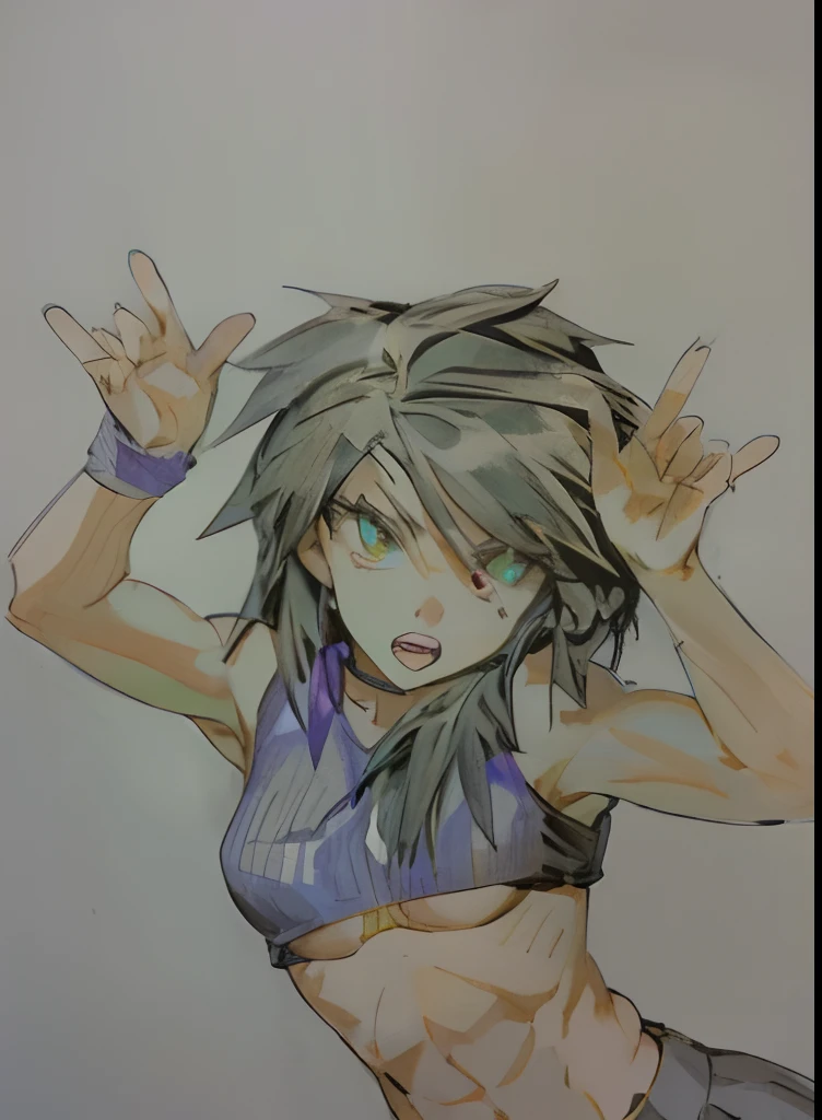 anime girl in a crop top posing in a dark room, extremely detailed,8 k, ,small breasts,flat chest, fit, athletic,toned,tanned,green eyes,black hair,purple highlights,skirt,green eyes,