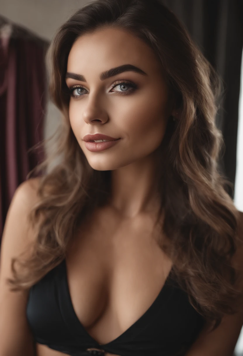 Femme arafed avec soutien-gorge révélateur, fille sexy aux yeux bruns, Portrait Sophie Mudd, cheveux bruns et grands yeux, Selfie d’une jeune femme, Yeux de chambre, Violet Myers, sans maquillage, maquillage naturel, Regarder directement la caméra, Visage avec Artgram, Maquillage subtil, Superbe photo du corps entier, dans un bar sportif, clivage