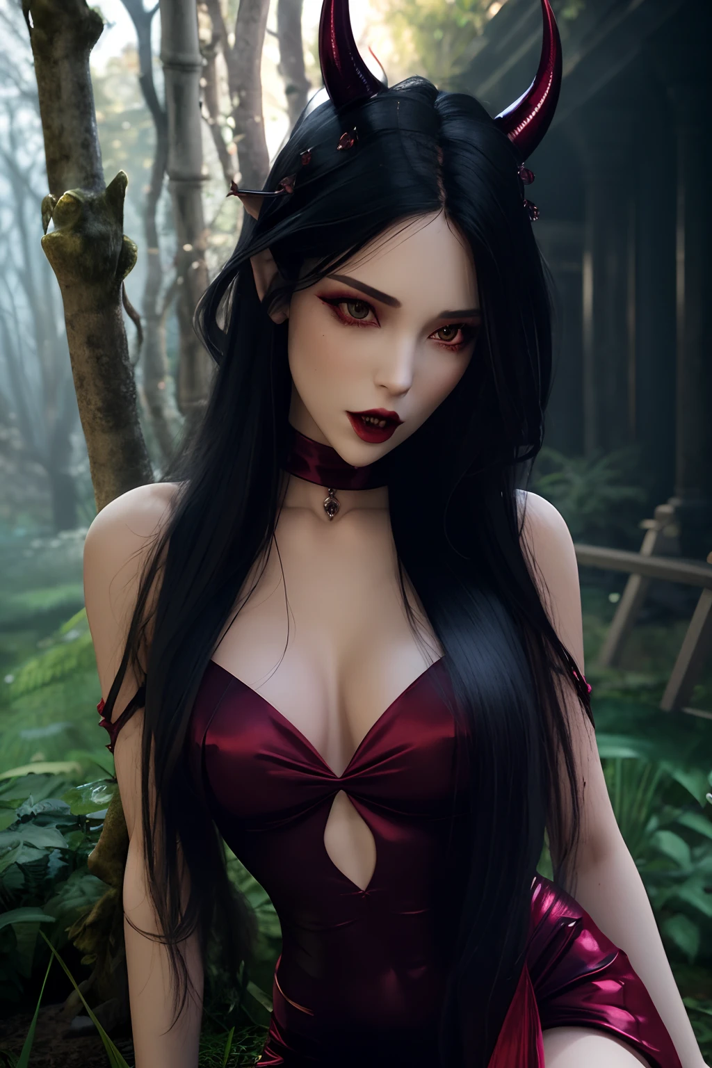 arafed woman in a red dress with horns and a choke, deviantart artstation cgscosiety, beautiful vampire queen, vampire girl, beautiful vampire female queen, realistic fantasy render, alena aenami and artgerm, very beautiful elven top model, beautiful female vampire, fantasy photoshoot, 3 d anime realistic, fantasy art style, cute face. dark fantasy,hard nipples, naked body, exposed, nymph,