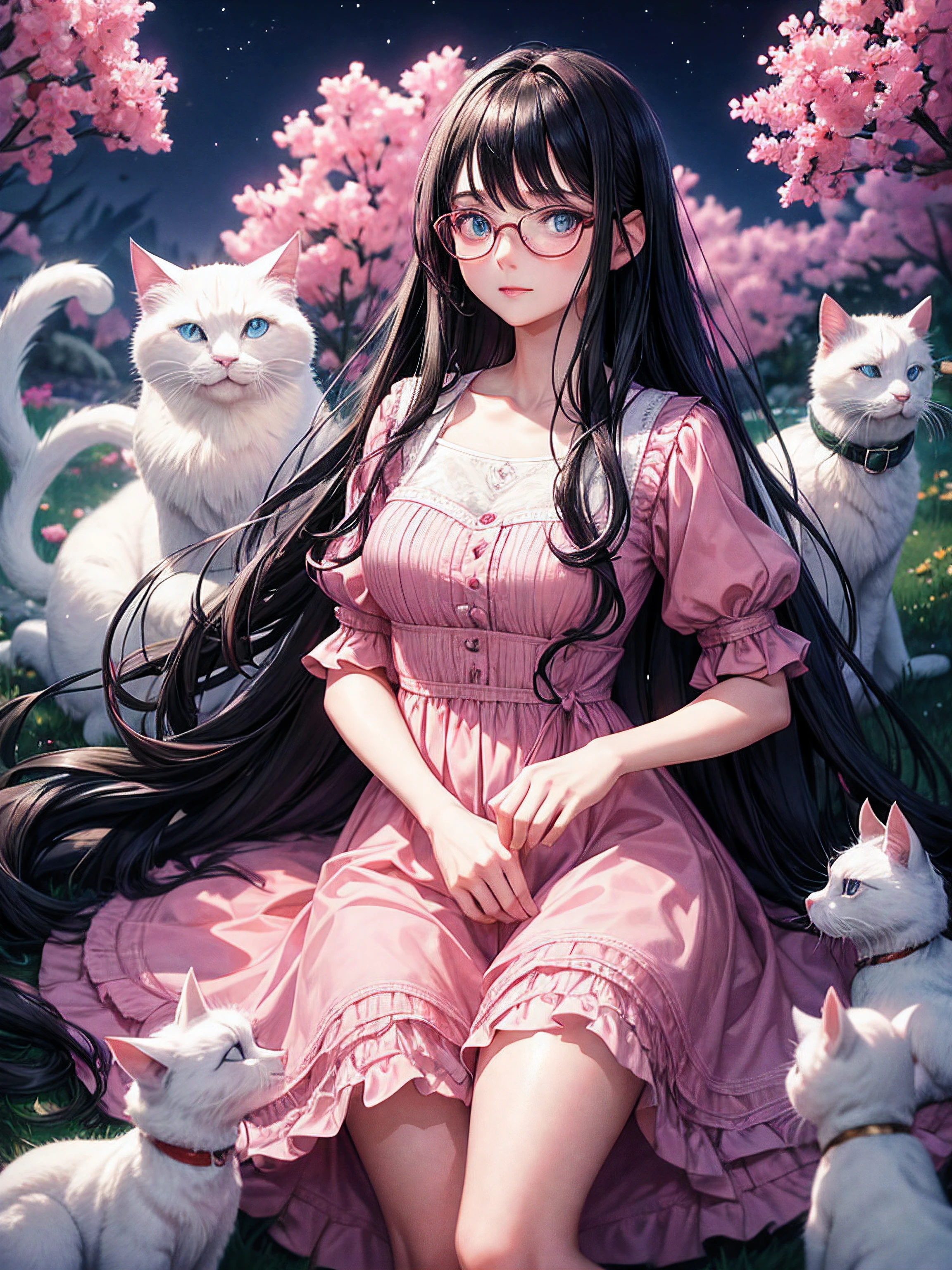 cute lady with eyeglasses and long hair wearing pink dress, black hair, beside white cat with blue eyes, absurdres, high resolution, ultrashart, 8k masterpiece, looking at the viewer, night garden