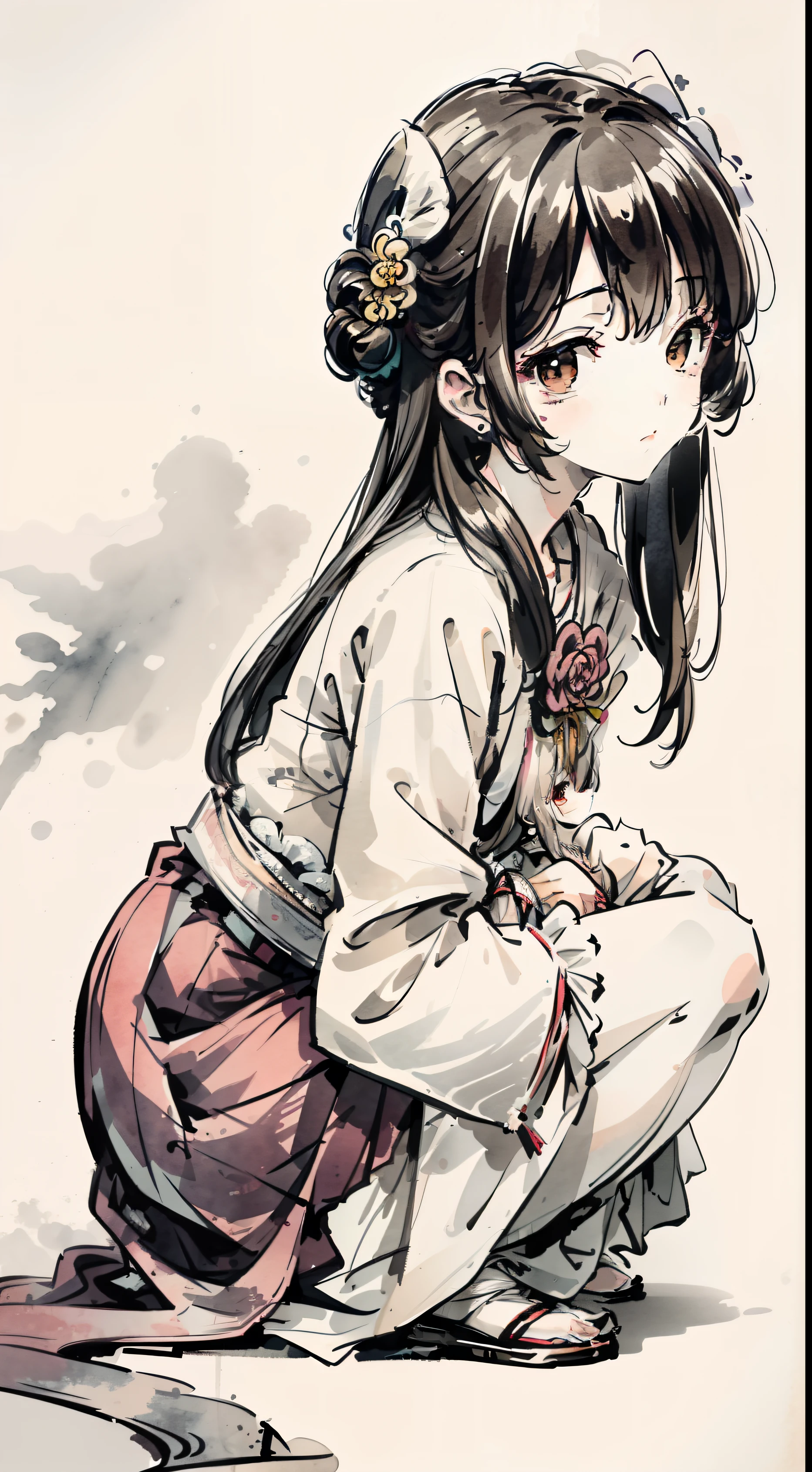 (Master masterpieces,high qulity,Very detailed,Perfect artwork,CG),(ink wash style:1.5),Defocused,Various colors,The art of paper,illustration,White background, scenery,one-girl,Oriental elements,Kneeling in the snow