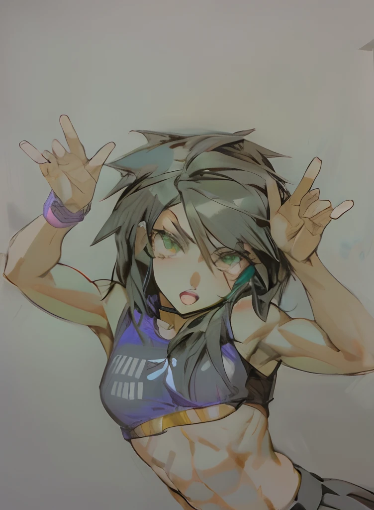 anime girl in a crop top posing in a dark room, extremely detailed,8k, ,small breasts, fit, athletic,toned,tanned,green eyes,black hair,purple highlights,skirt,green eyes,underboob,cute,blushing,roaring
