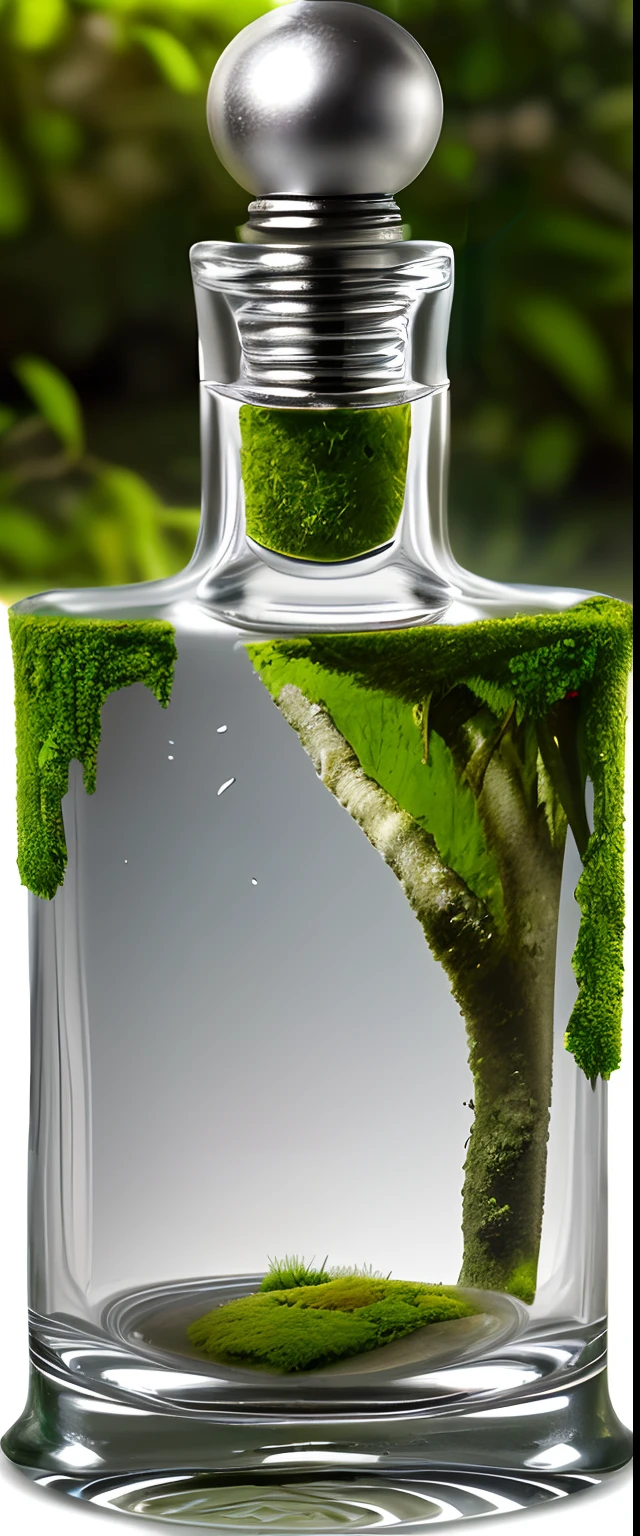 A transparent bottle of perfume, Glass bottle, On mossy ground, rivulets, petals, Skysky, foliage