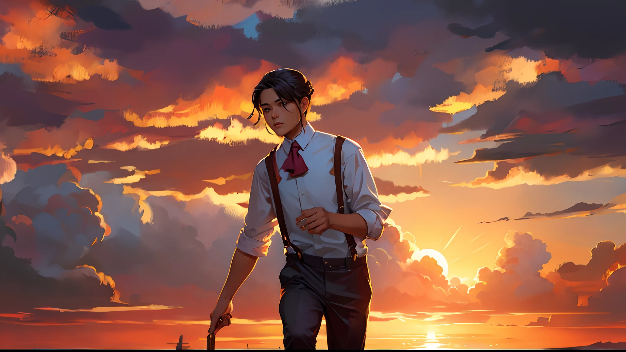 the sunset,eventide,middle parted hairstyle,Suspenders,mano