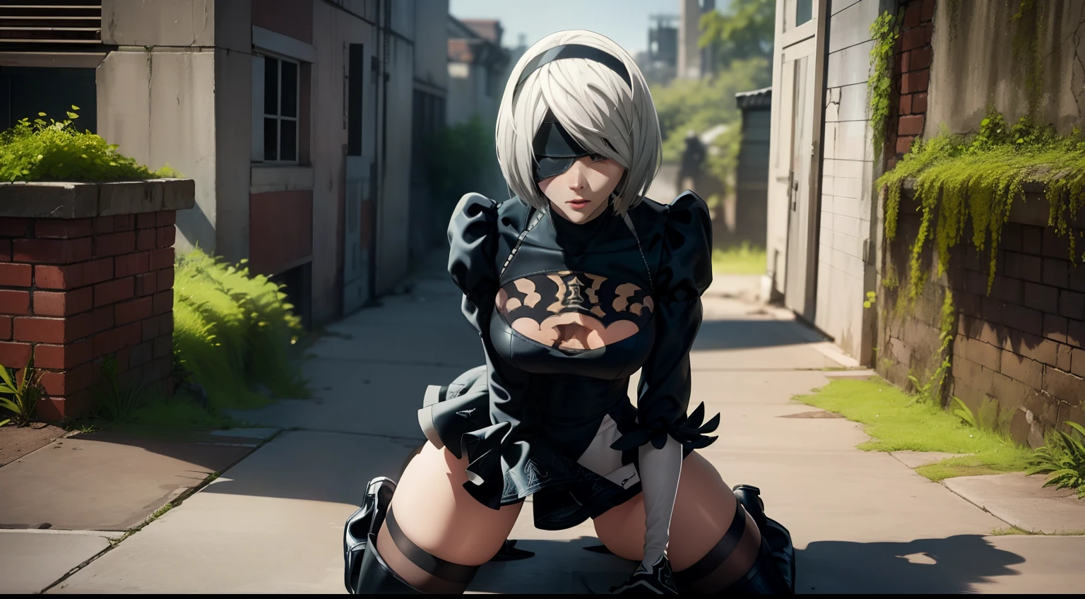 Camera from above, leans forward, bends down, sits on the edge, Roof edge, Feet Down, Sits, Camera from above, Frame from above, shapely legs, sits on the edge of the roof, White Hair Bob, ashy hair, The eyes are covered with a bandage, Cyan eyes, black dress with a short skirt, short black skirt, Skirt covers buttocks, neckline on the chest, white panty, black stockings, high black boots, high-heeled boots, very extremely beautiful, Slender figure, Full-length(Body Full 1.1),Game nier automata, ruined city, The city, overgrown with plants, Ruins, high detail official illustrations, ((beautiful fantasy girl)),Red Small Breasts, Her breasts are sticking out from under her clothes, BREAK (Master Part: 1.2), Best Quality, High Resolution, photorealestic, photogenic, Unity 8k壁纸, (illustartion: 0.8), (Beautiful detailed bluish-gray eyes: 1.6), extremely detailed face, perfect lighting, extremely detailed CGI , (perfect arms, perfect anatomy), A girl with perfect breasts, beatiful face, master study, intricate details, Detalhes realistas, the anime, (Based on nier automata) the perfect body, The Perfect Girl, perfect details, Ultra HD |, 8K, Professional photo, 2B Sexy Body,