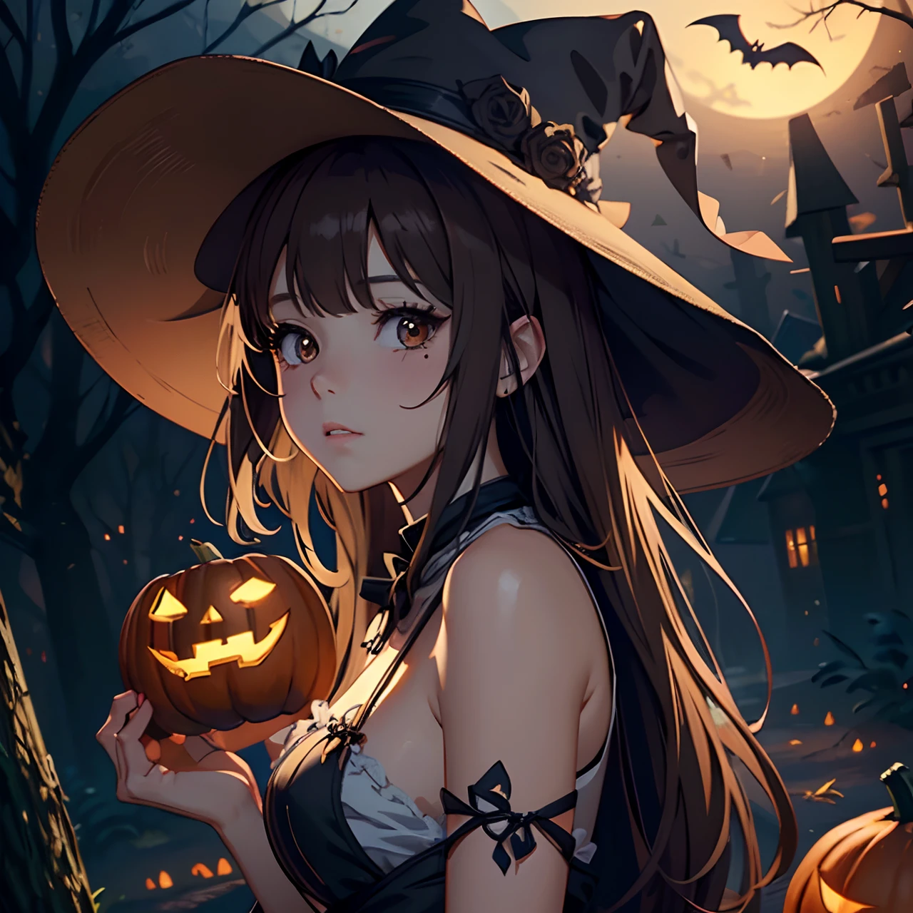 Masterpiece, best quality, (very detailed CG unity 8k wallpaper) (best quality), (best illustration), (best shadows) girl with brown hair, halloween, halloween vibe, cute, costume, super detailed --v6