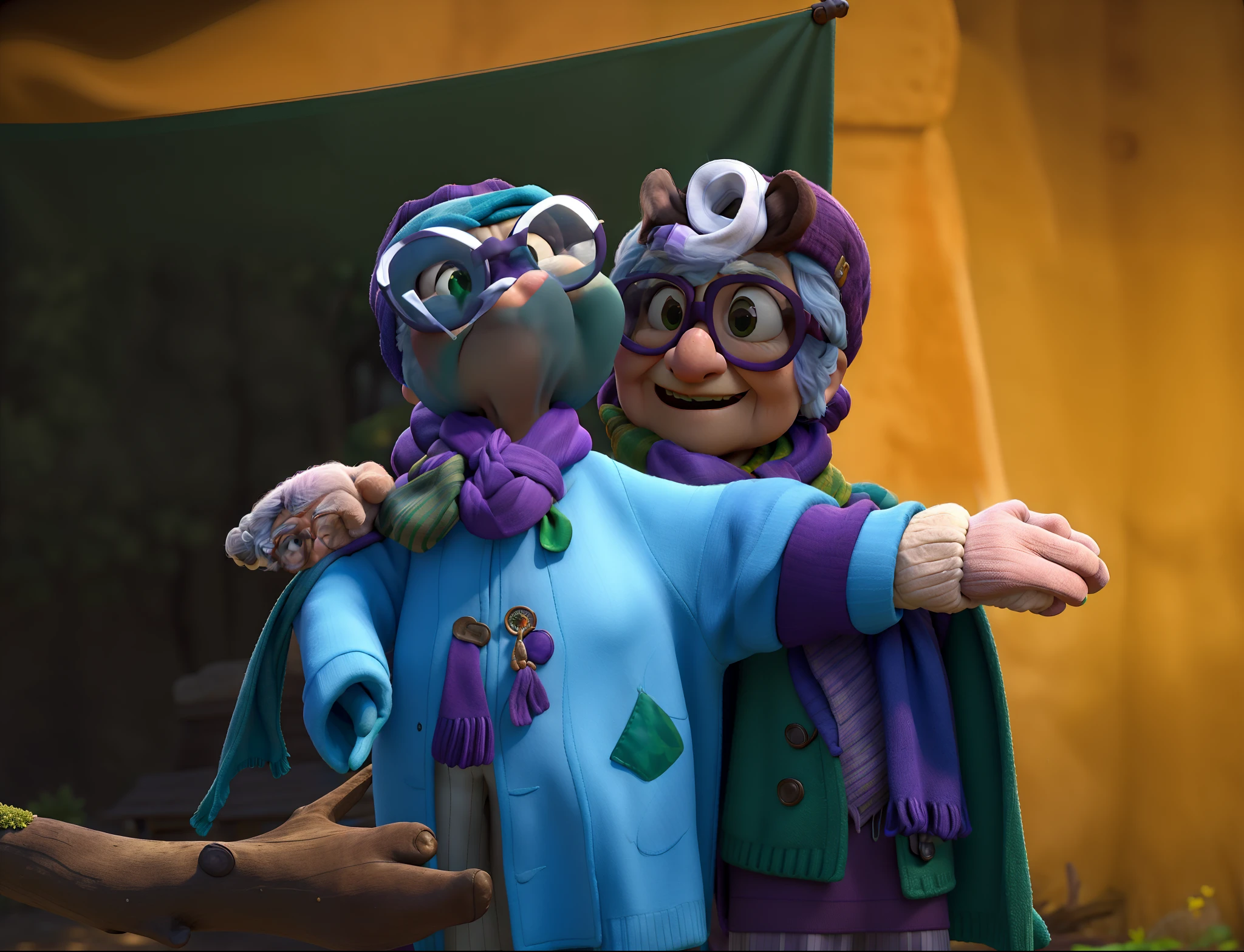 masterpiece, best quality, an old woman with glasses and a scarf on, wearing a purple coat and green scarf, standing at the park
