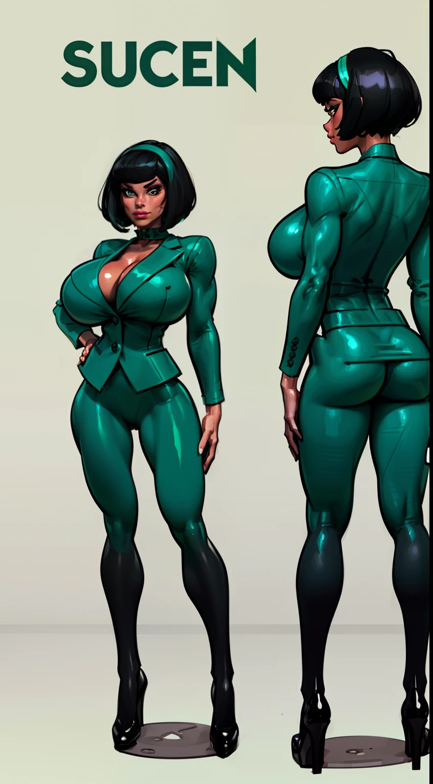 ((masterpiece)),(((best quality))), ((character design sheet:1.4)), ((full body view)) illustration,1girl, muscular, ((mintgreen business suit:1.4)), buttercup, (mintgreen hairband),((black hair:1.4)), greensuiys ((detailed face:1.4)) ((gigantic breasts:1.3)), ((spiked choked collar)), (black pants), beautiful woman, slick bobcut, shiny skin, (thick legs), scribbles and marks, , rough sketches, pose, 8k,16k, (simple background, white background: 1.3)