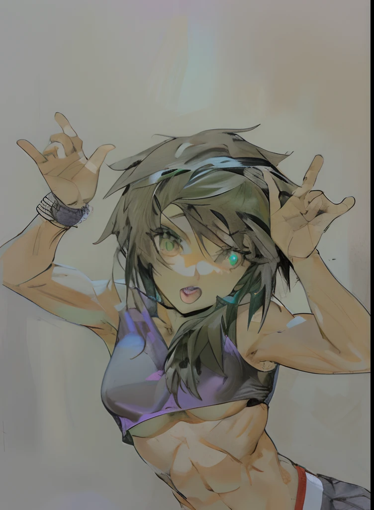 anime girl in a crop top posing in a dark room, extremely detailed,8k, ,small breasts, fit, athletic,toned,tanned,green eyes,black hair,purple highlights,skirt,green eyes,