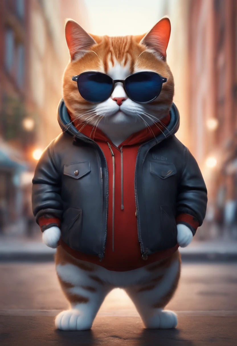 Perfect centering, Cute fat cat, Wear a jacket, Wearing sunglasses, Wearing headphones, cheerfulness, Standing position, Abstract beauty, Centered, Looking at the camera, Facing the camera, nearing perfection, Dynamic, Highly detailed, smooth, Sharp focus, 8K
