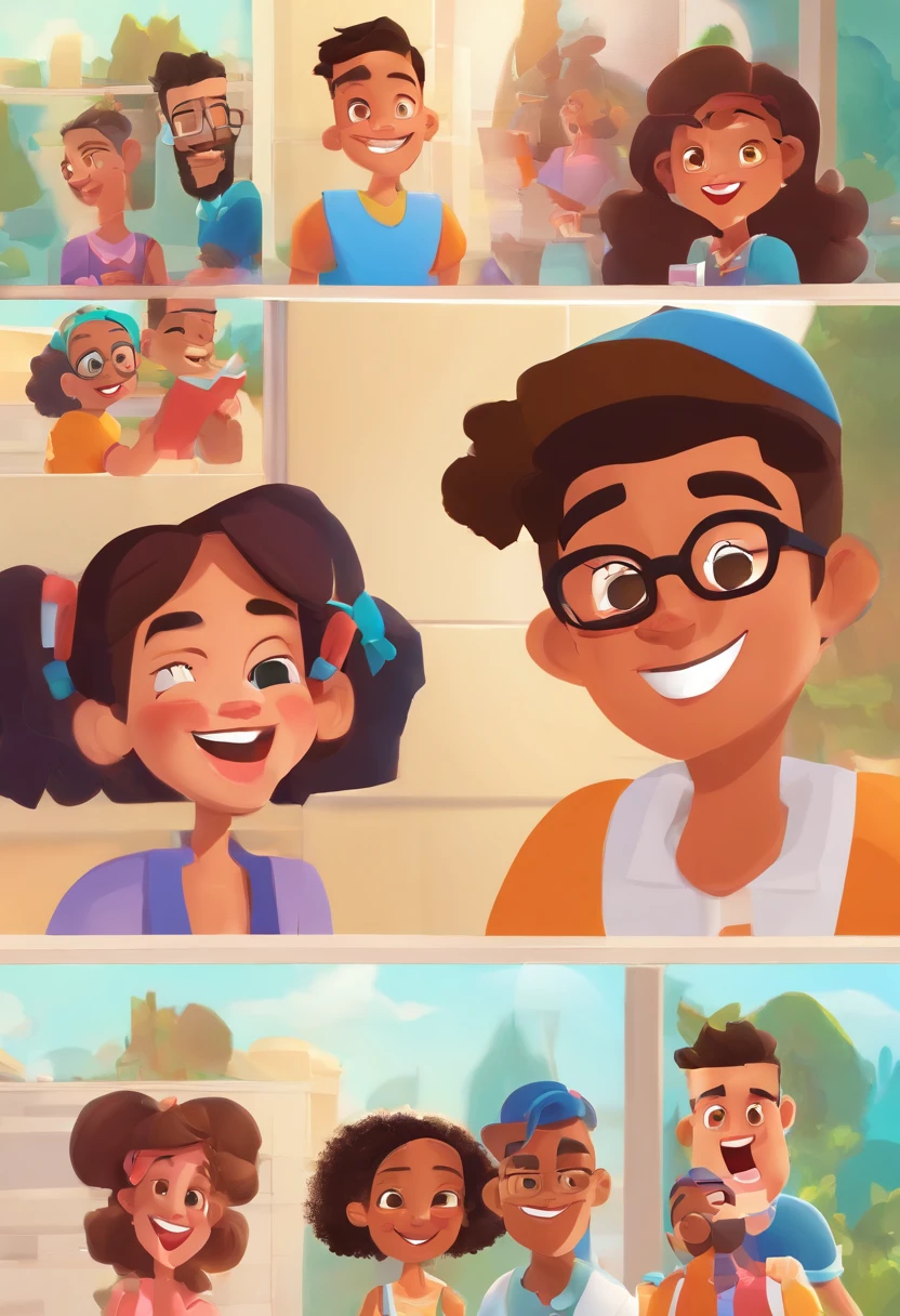 An illustration of an adorable couple, Highlight for a chubby mulatto man with glasses smiling and a brunette woman with beautiful expressive eyes - the man's skin is mulatto and the man's hair haswhile the woman's skin is black and the woman's hair is straight and brown. They are a bright room, cada um com um sorriso no rosto, e compartilhar um momento especial caracterizado pelo amor, Insights. Illustrate this scene from a perspective where they are facing the camera, Smiling and Showing Your Connection. Desenvolva esta arte em Full HD, Focus on your cinematic touch, Estilo Disney Pixar Animations