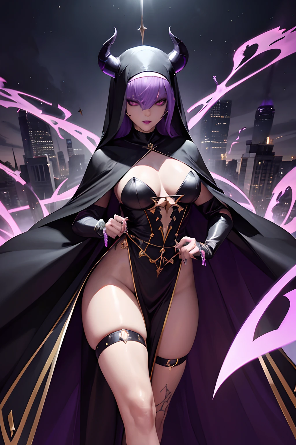 Rihanna : The evil nun, Demon horn, Demon wings on the head , sexy robe de nonne, Powerful bolts of destructive purple energy shoot out of his hands, diabolique, insidieux, His powerful magic hits the buildings of a city , Context of the Satanic Church, detailled eyes, detailed hands