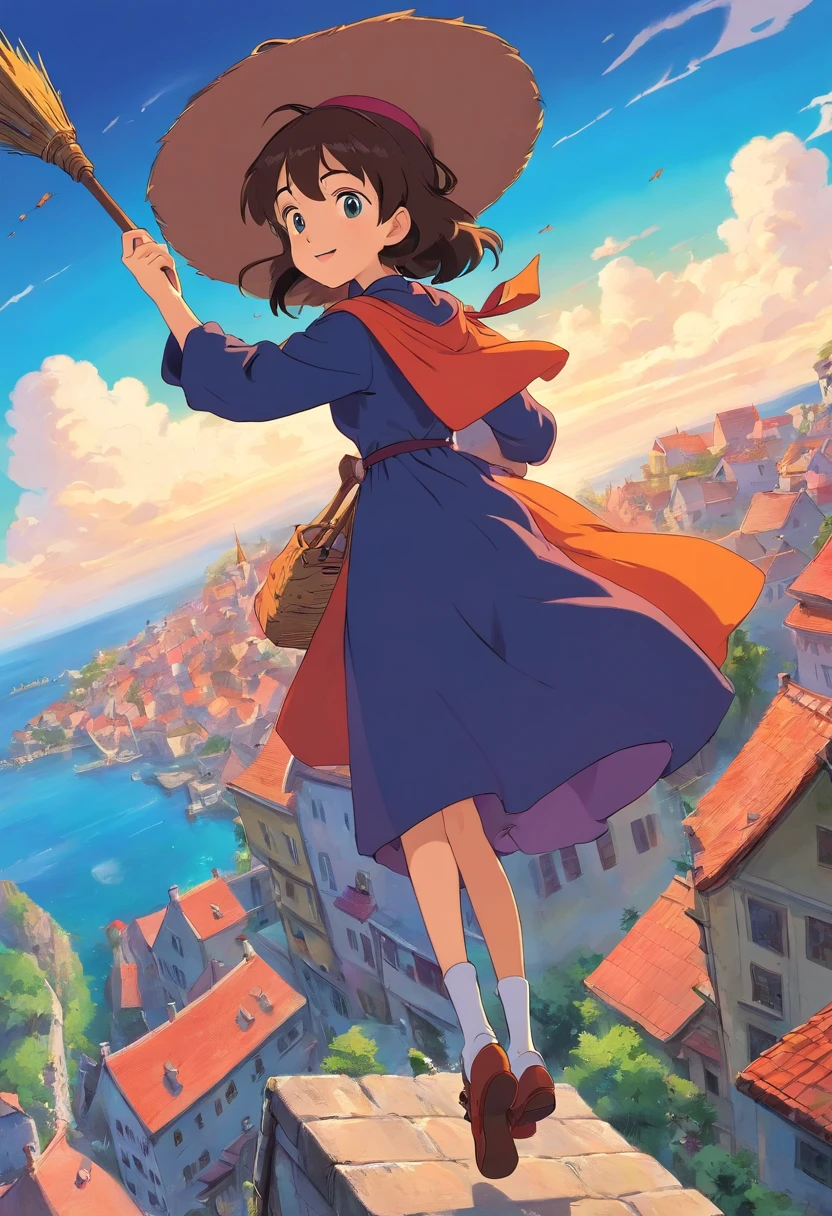 Witch delivery service,Girl on a broomstick playing with mobile phone in the sky,Ghibli style,Background of residency in Croatia