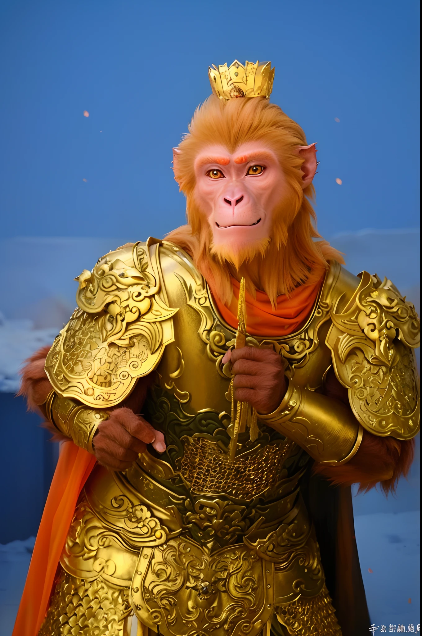 Macaques in golden armor，He wears a golden Chinese tiara and a red cloak, Monkey king, son goku, Wukong, humanoid monkey fantasy race,  Wearing Golden Dragon armor, fantasy movie still, movie character, from warcraft, Chinese armor，The face of a macaque，Handsome Monkey King