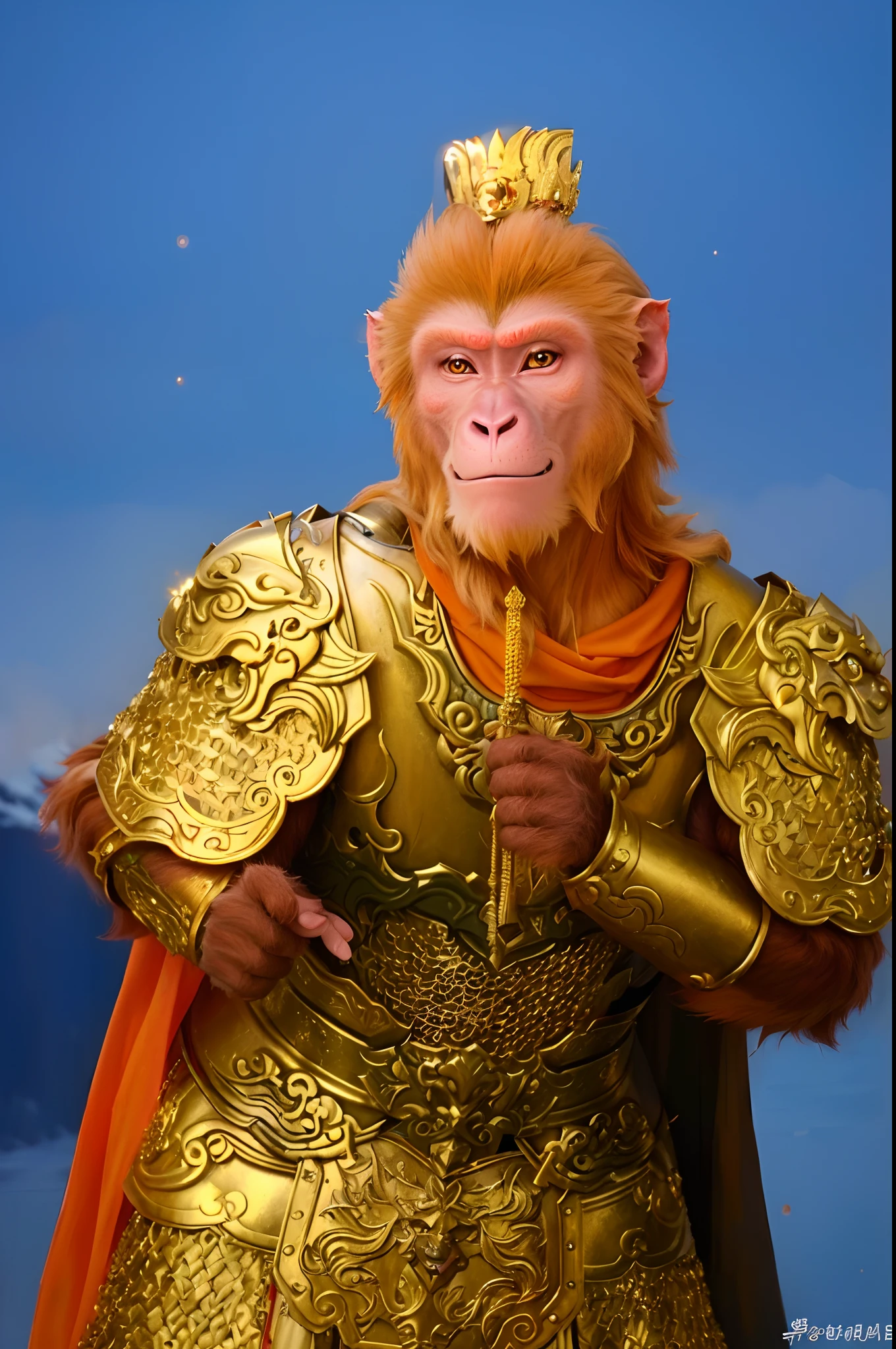 Macaques in golden armor,He wears a golden Chinese tiara and a red cloak, Monkey king, son goku, Wukong, humanoid monkey fantasy race, Wearing Golden Dragon armor, fantasy movie still, movie character, from warcraft, Chinese armor,The face of a macaque,Handsome Monkey King