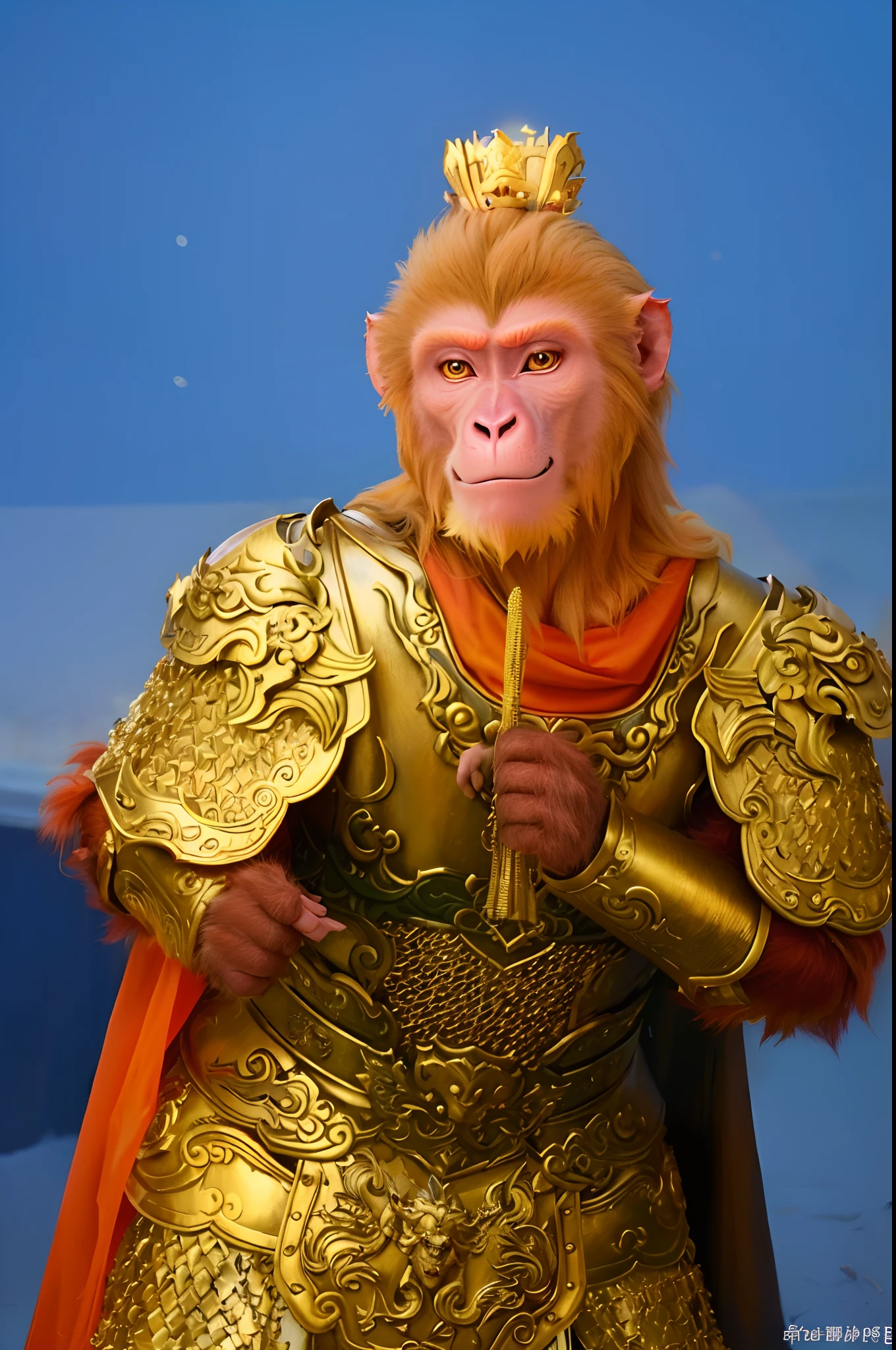 Macaques in golden armor，He wears a golden Chinese tiara and a red cloak, Monkey king, son goku, Wukong, humanoid monkey fantasy race,  Wearing Golden Dragon armor, fantasy movie still, movie character, from warcraft, Chinese armor，The face of a macaque，Handsome Monkey King