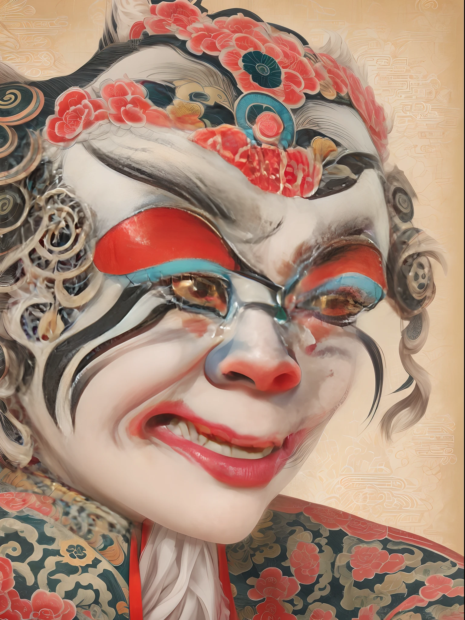 （Close-up of Peking Opera performer's face，Only the left side of the face was drawn)，There is the face of Alafid，(Only the left side of the face is drawn：1.37)，（The classic Chinese Peking Opera clown face：1.37），（No makeup on the right side of the face：1.37）， Portrait of Lucha Free DJ, kabuki makeup, （The Chinese Peking Opera clown finish is on the left side of the face） Sichuan opera mask，Peking Opera face，Tiger striped costume，pan ren wei, chengwei pan, Oriental face, kabuki mask, chinese artist, kumadori makeup,  deep dark background，