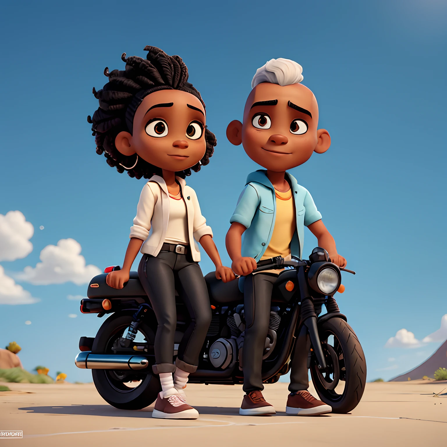 Couple man with shaved head and woman with black pixar style hair, sentados em uma moto parada.