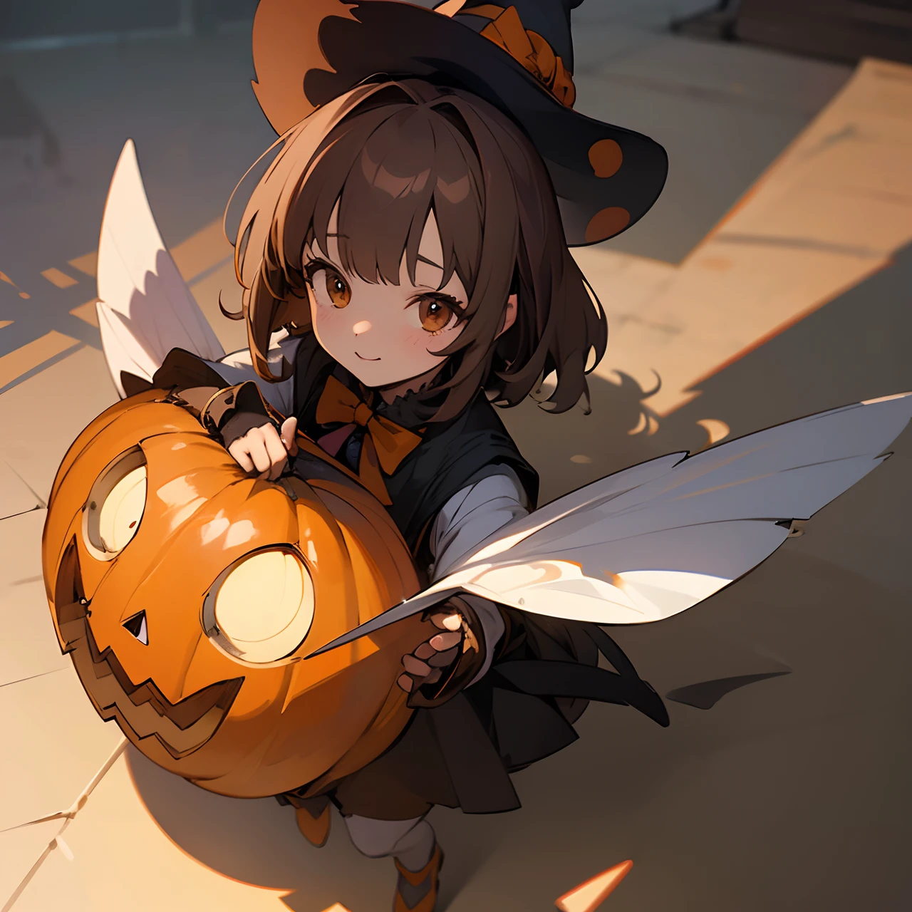 Masterpiece, best quality, (very detailed CG unity 8k wallpaper) (best quality), (best illustration), (best shadows) girl with brown hair, halloween, halloween vibe, cute, costume, super detailed --v6