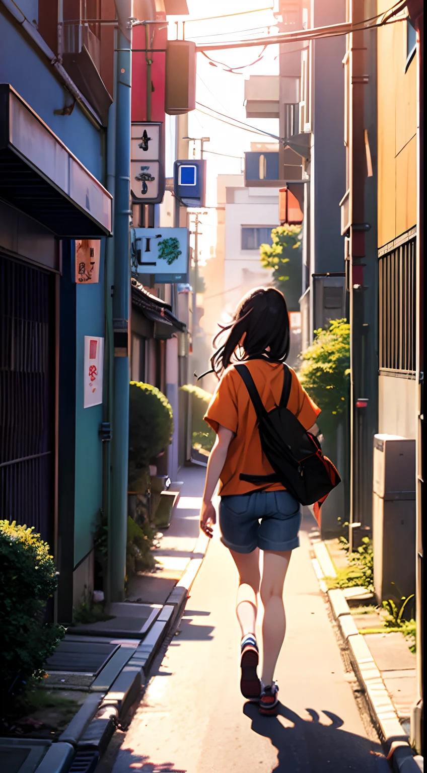 College  beauty walking in a back alley in Tokyo、legs are long、well-styled、Long、Orange T-shirt、shortpants、Facing backwards、Looking back at this