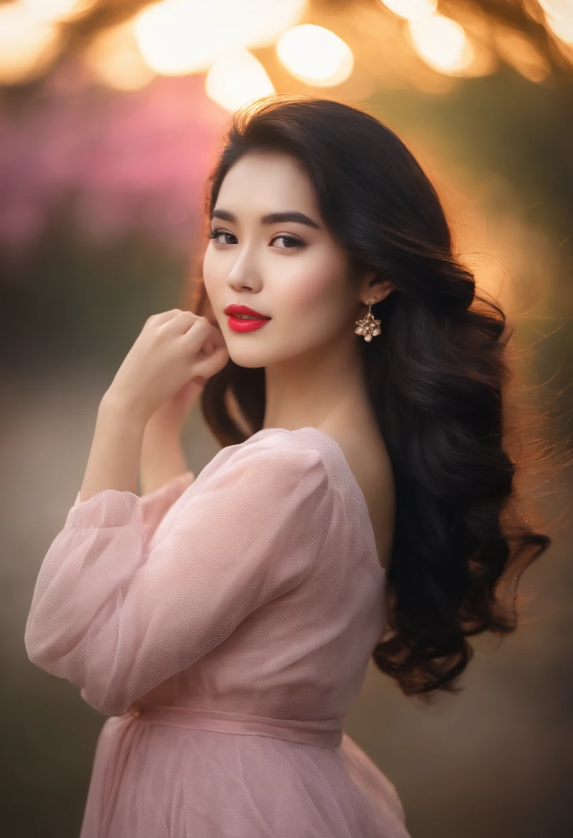 edit, 20 year old Vietnamese girl, beautiful brown studio, black curly hair, light hair, lotus pink lips, Hair flying outside the spotlight, background, shoulder light on, hair lighting, Real grainy facial skin, 8k uhd, dslr, soft light, high quality, film grain, Fujifilm XT3
