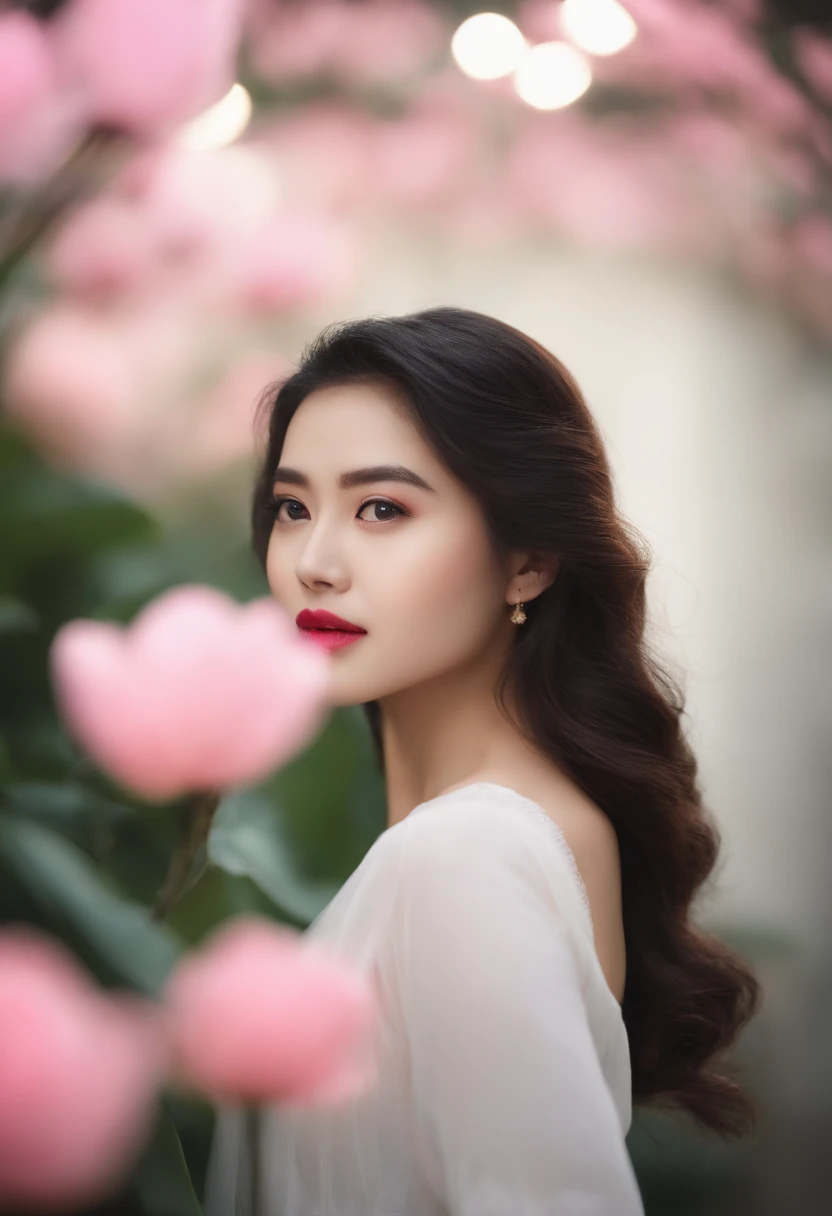 edit, 20 year old Vietnamese girl, beautiful brown studio, black curly hair, light hair, lotus pink lips, Hair flying outside the spotlight, background, shoulder light on, hair lighting, Real grainy facial skin, 8k uhd, dslr, soft light, high quality, film grain, Fujifilm XT3