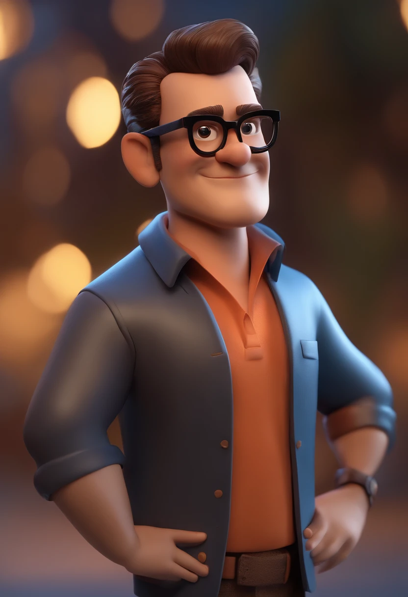 Cartoon character of a man with black glasses and a blue shirt, animation character, Caractere estilizado, animation style rendering, 3D estilizado, Arnold Maya render, 3 d render stylized, toon render keyshot, Personagem 3D, Personagem 3D, 3d rendering stylized, 3 d character render, personagem de desenho animado, Personagem de close up, Pose de personagem,  (Estilo Pixar) (master part:1.2) (Bokeh) (best quality) (pele detalhada) (textura detalhada) (8k) (argila) (Cinematic lighting) (foco nítido