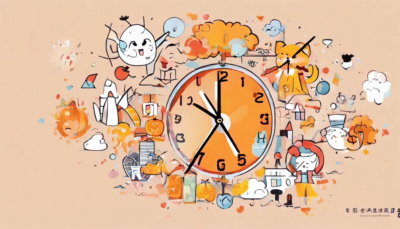 Use a palette of bright colors,Such as a striking red、orange and yellow colors,Grab your kids' attention。
Present the biological clock in an animated style,Cartoon characters or anthropomorphic elements can be used to spice things up。
Highlight the passage of time and regularity,Activities for different time periods can be plotted in different parts of the clock,Like getting up in the morning、Going to school、lunch、lunch break、After school, etc。
Use exaggerated and funny animation effects or special effects to represent different activities,For example, the jumping figure is used to indicate the wake-up time、I show the time of going to school with a windmill that turns quickly。
Pay attention to the balance and coordination of the overall layout,Make the relationship between the elements clear and concise。