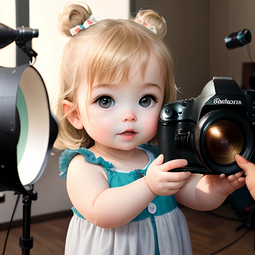 Blonde photographing baby in studio