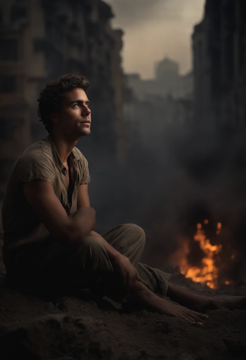 Ultra-realistic depiction of a man sitting sadly, Agonia, ((dried tear drops)), messy and curly hair, rosto empoeirado e pano,(( A destroyed city in the background, fire, ((Human corpse on the ground)), Some people are crying, destroyed building)), uma borboleta senta-se no dedo indicador, (((She's looking at the butterfly and a little smiling))), hiper detalhado, Dynamic color, tom preto e cinza, imagem super emocional, Set in a frighteningly dark setting and surrounded by dark and turbulent smoke. A imagem deve estar em um cativante 3:Formato 4."