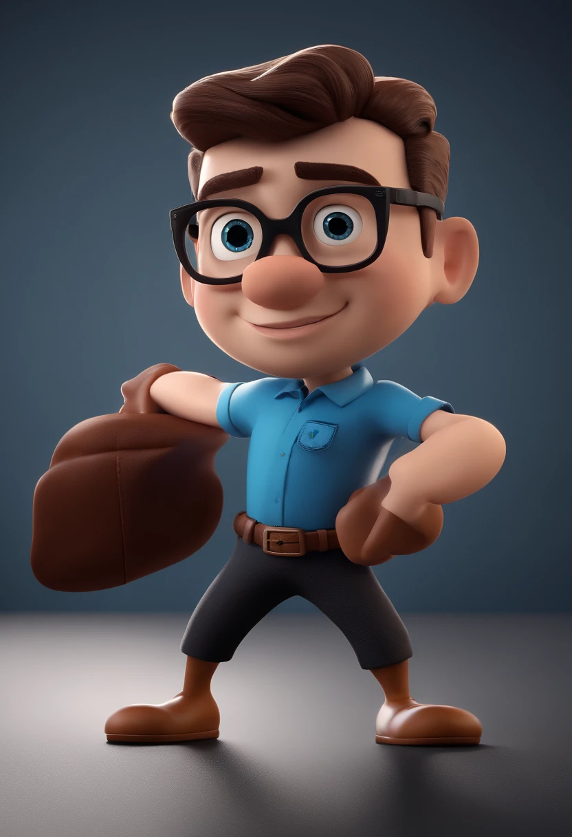 Cartoon character of a man with black glasses and a blue shirt, animation character, Caractere estilizado, animation style rendering, 3D estilizado, Arnold Maya render, 3 d render stylized, toon render keyshot, Personagem 3D, Personagem 3D, 3d rendering stylized, 3 d character render, personagem de desenho animado, Personagem de close up, Pose de personagem,  (Estilo Pixar) (master part:1.2) (Bokeh) (best quality) (pele detalhada) (textura detalhada) (8k) (argila) (Cinematic lighting) (foco nítido
