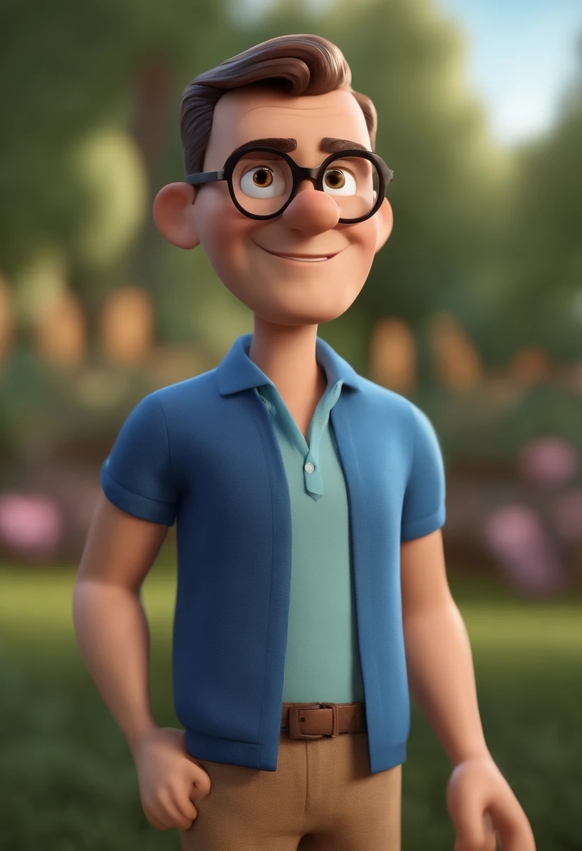 Cartoon character of a man with black glasses and a blue shirt, animation character, Caractere estilizado, animation style rendering, 3D estilizado, Arnold Maya render, 3 d render stylized, toon render keyshot, Personagem 3D, Personagem 3D, 3d rendering stylized, 3 d character render, personagem de desenho animado, Personagem de close up, Pose de personagem,  (Estilo Pixar) (master part:1.2) (Bokeh) (best quality) (pele detalhada) (textura detalhada) (8k) (argila) (Cinematic lighting) (foco nítido