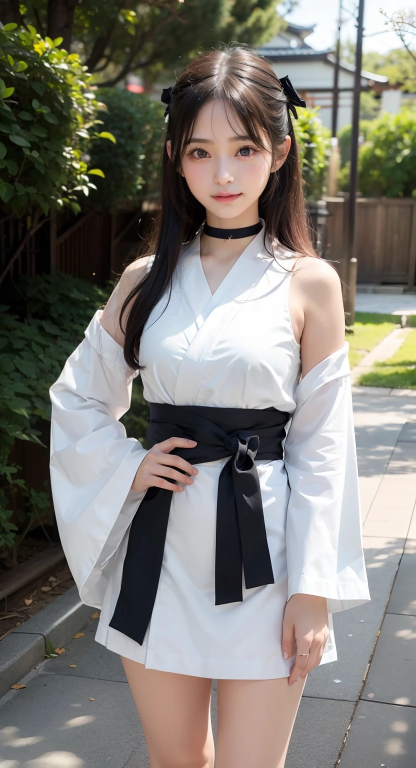 woman((30 years old)), hair((long, Straight Hair, Black)), Eye((smart Eye, Black Eye contact)), ((, White transparent hanbok,)), Accessories ((hairpin, necklace, earrings)), Exposed genitals,Smile,complexion,Large Breasts: 1.3, :1.2, Korean makeup, red lips, castle, , Rainforest, double hair bun, ,Bikini,nude,Standing