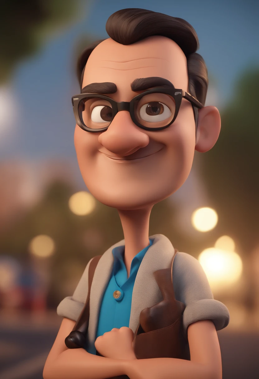 Cartoon character of a man with black glasses and a blue shirt, animation character, Caractere estilizado, animation style rendering, 3D estilizado, Arnold Maya render, 3 d render stylized, toon render keyshot, Personagem 3D, Personagem 3D, 3d rendering stylized, 3 d character render, personagem de desenho animado, Personagem de close up, Pose de personagem,  (Estilo Pixar) (master part:1.2) (Bokeh) (best quality) (pele detalhada) (textura detalhada) (8k) (argila) (Cinematic lighting) (foco nítido
