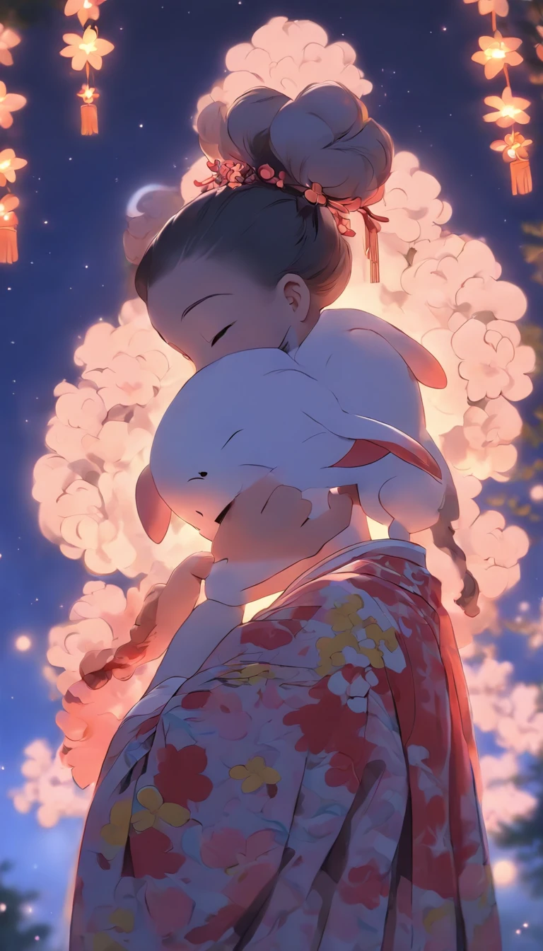 1girll, Moon, hair adornments, fullmoon, cloud, skyporn,Night, robe blanche, Solo, Smile, nigh sky,  flower, Hugging the black rabbit, Hair Flower, flower petals, child, blush, Parted Lip, Black hair, Black rabbit, Cloudy sky, forehead mark, Black eyes, face markings, Upstyle, artist name, Animal hugs, Hanfu, hair-bun, Girl child, Holding, Outdoors, Short hair, sleeves past wrists