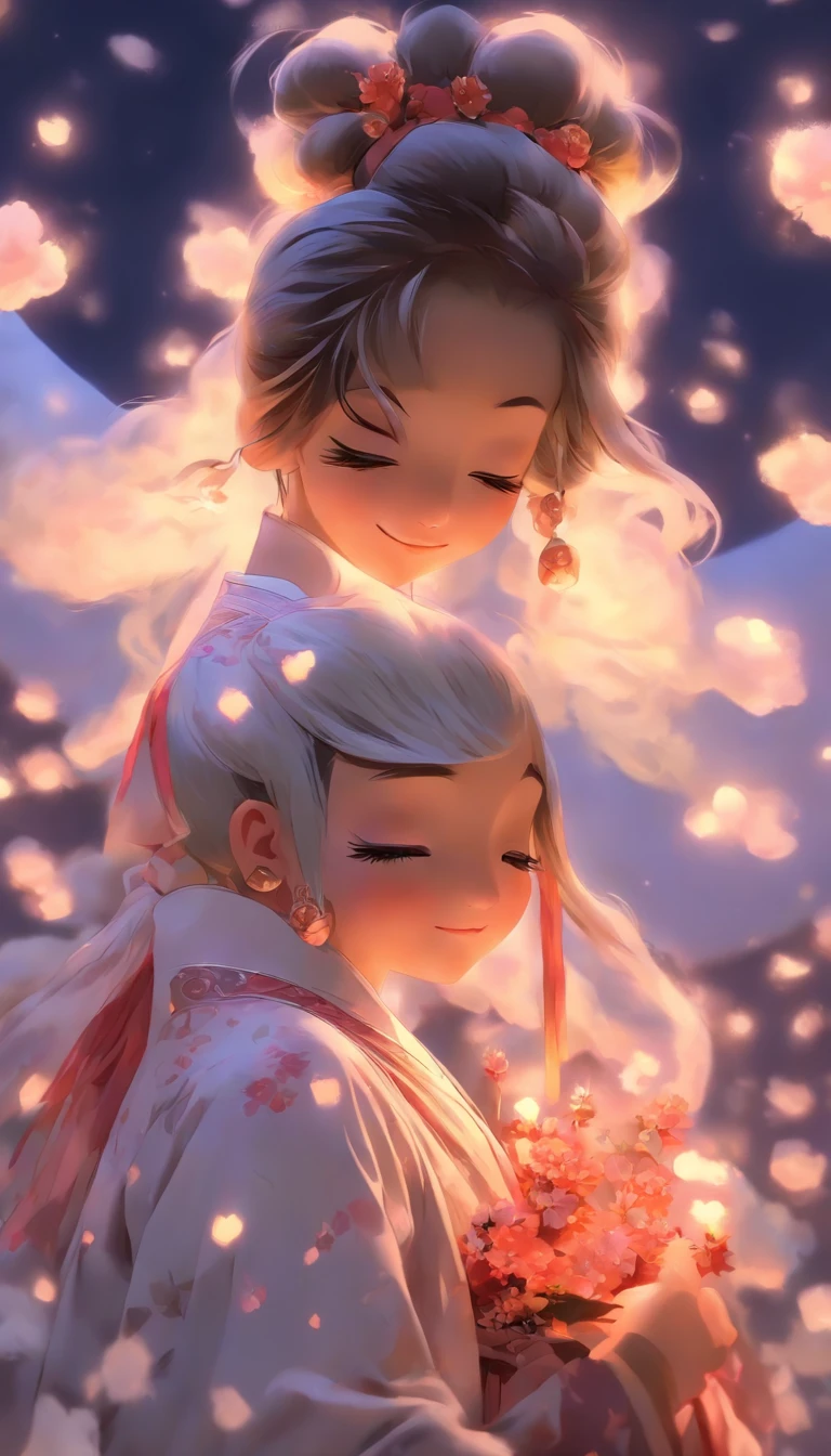 1girll, Moon, hair adornments, fullmoon, cloud, skyporn,Night, robe blanche, Solo, Smile, nigh sky,  flower, Hugging the black rabbit, Hair Flower, flower petals, child, blush, Parted Lip, Black hair, Black rabbit, Cloudy sky, forehead mark, Black eyes, face markings, Upstyle, artist name, Animal hugs, Hanfu, hair-bun, Girl child, Holding, Outdoors, Short hair, sleeves past wrists