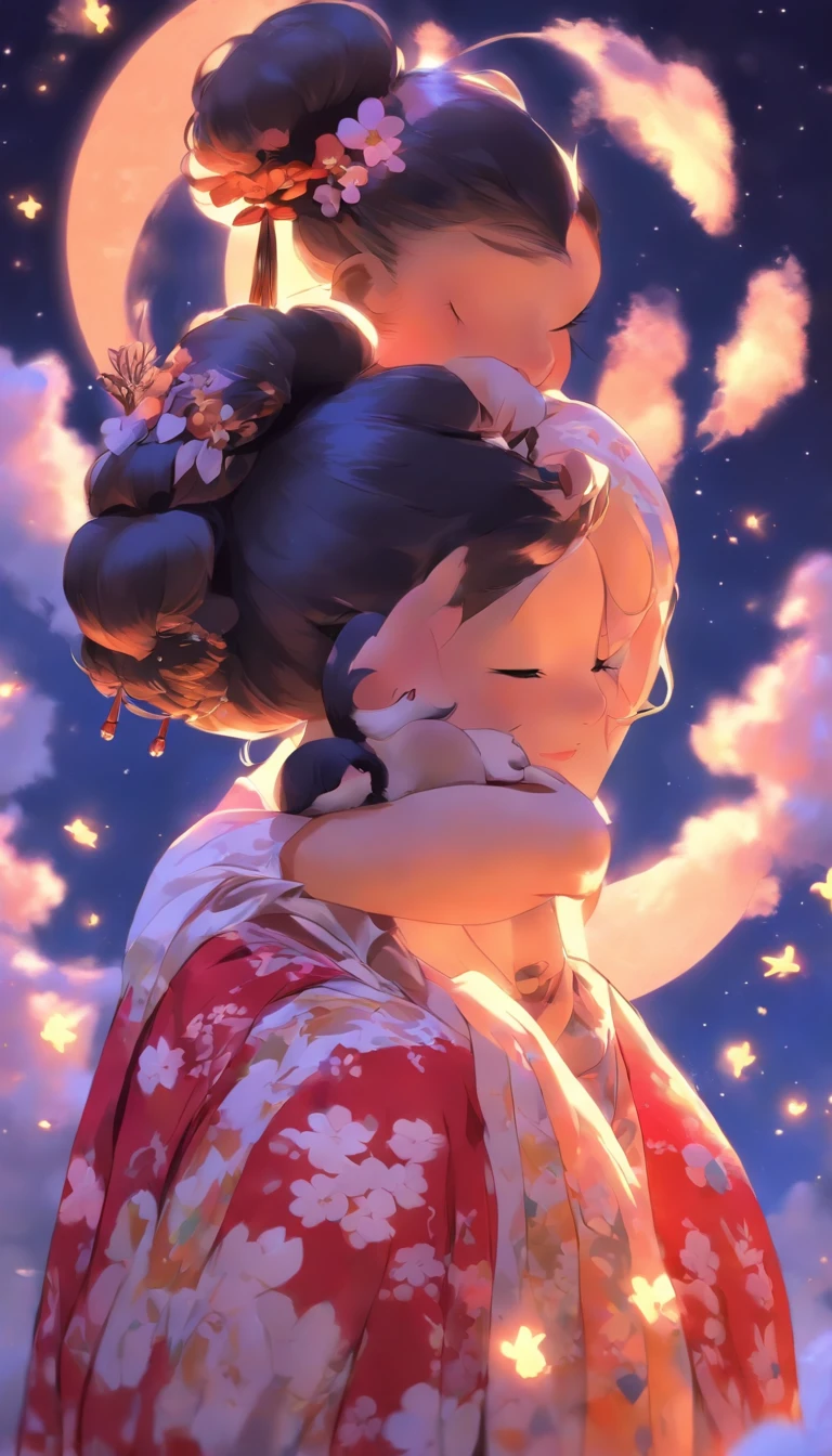 1girll, Moon, hair adornments, fullmoon, cloud, skyporn,Night, robe blanche, Solo, Smile, nigh sky,  flower, Hugging the black rabbit, Hair Flower, flower petals, child, blush, Parted Lip, Black hair, Black rabbit, Cloudy sky, forehead mark, Black eyes, face markings, Upstyle, artist name, Animal hugs, Hanfu, hair-bun, Girl child, Holding, Outdoors, Short hair, sleeves past wrists
