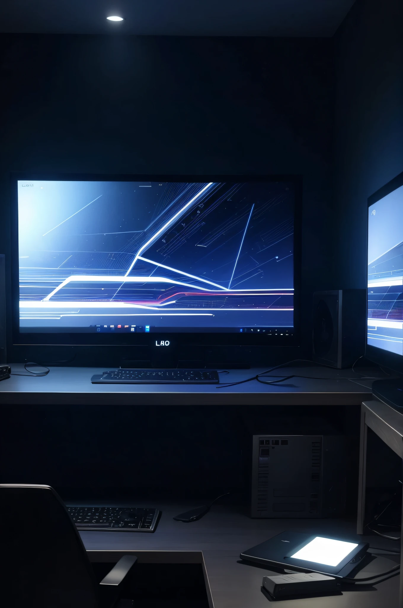 A large illuminated computer screen in a dark room