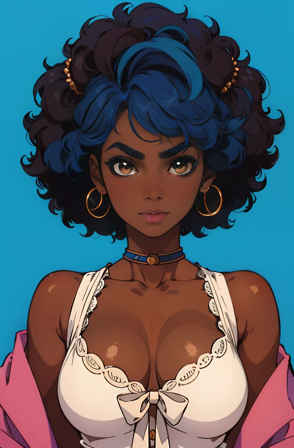 (best quality:1.1),original,1girl, angry,chic,trendy,short afro hair, dark skin, makeup, 1970's, blue hair, brown eyes, anime style, niji
