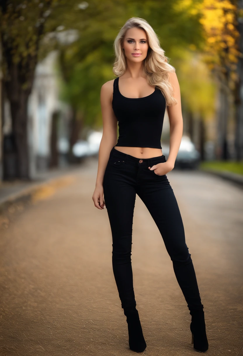 cute blonde woman, black top, black jeans, full body shot, sexy girl with brown eyes, best quality