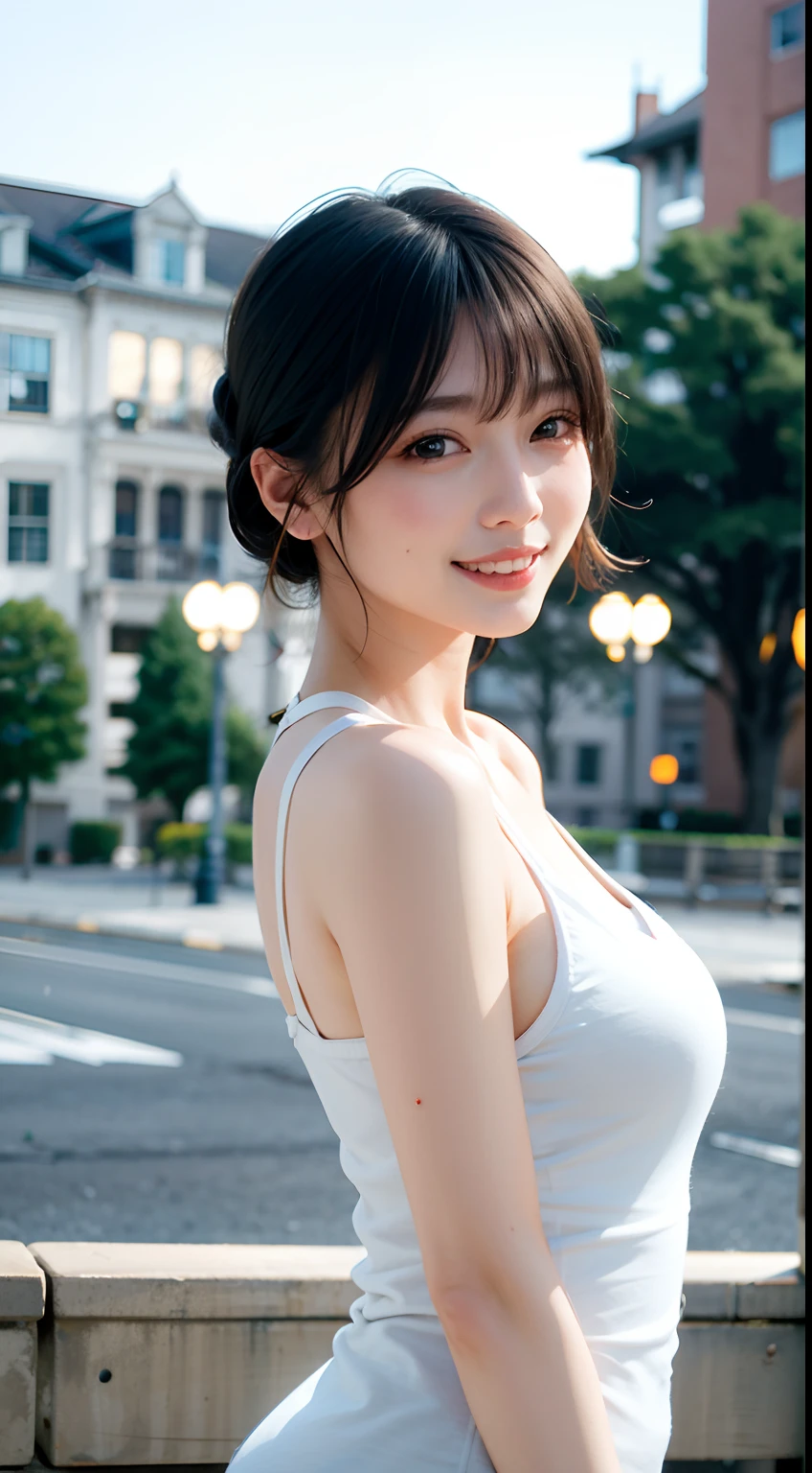 random pose, mix 4, (8K, Raw photo, highest quality, masterpiece: 1.45), (realistic, Photoreal: 1.37), one girl, cute, laughter、cityscape, night, professional lighting, Cafe,street,photon mapping, radio city, Physically based rendering, gradient black hair, gray hair, Semi-long loose hair, Handsome, with a girl, big and full breasts,off shoulder, tight clothes,highest qualityの写真, High resolution, 1080P, (clear face), (Detailed facial description), (detailed description of hands), (masterpiece), lively, extreme light and shadow, messy hair, masterpiece, rich details, (detailed facial features), (highest qualityの写真), (masterpiece), (finely tuned), dual、look in front of you, thin clavicle,Emphasize the armpits、Show lower milk