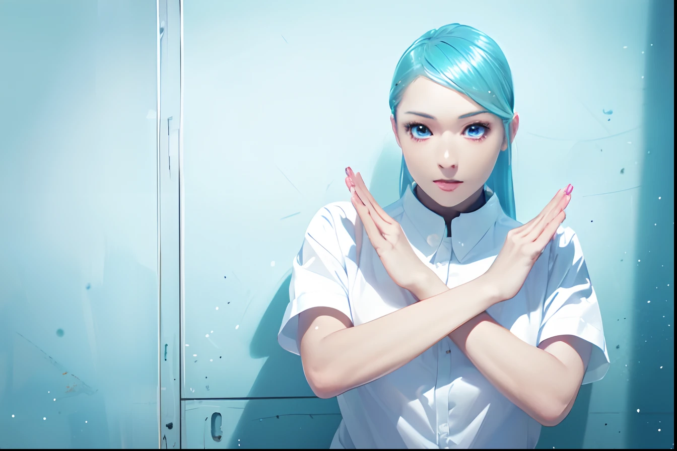 eye glass。top-quality, Photorealistic, An ultra-fine illustrations, beautiful attractive anime girl, miku hatsune, Slender body, Tied hair, one girls, a photo of girl, Full body shot, Beautiful blue eyes, Turned, in a office、Sitting at your desk、Women's Suits、