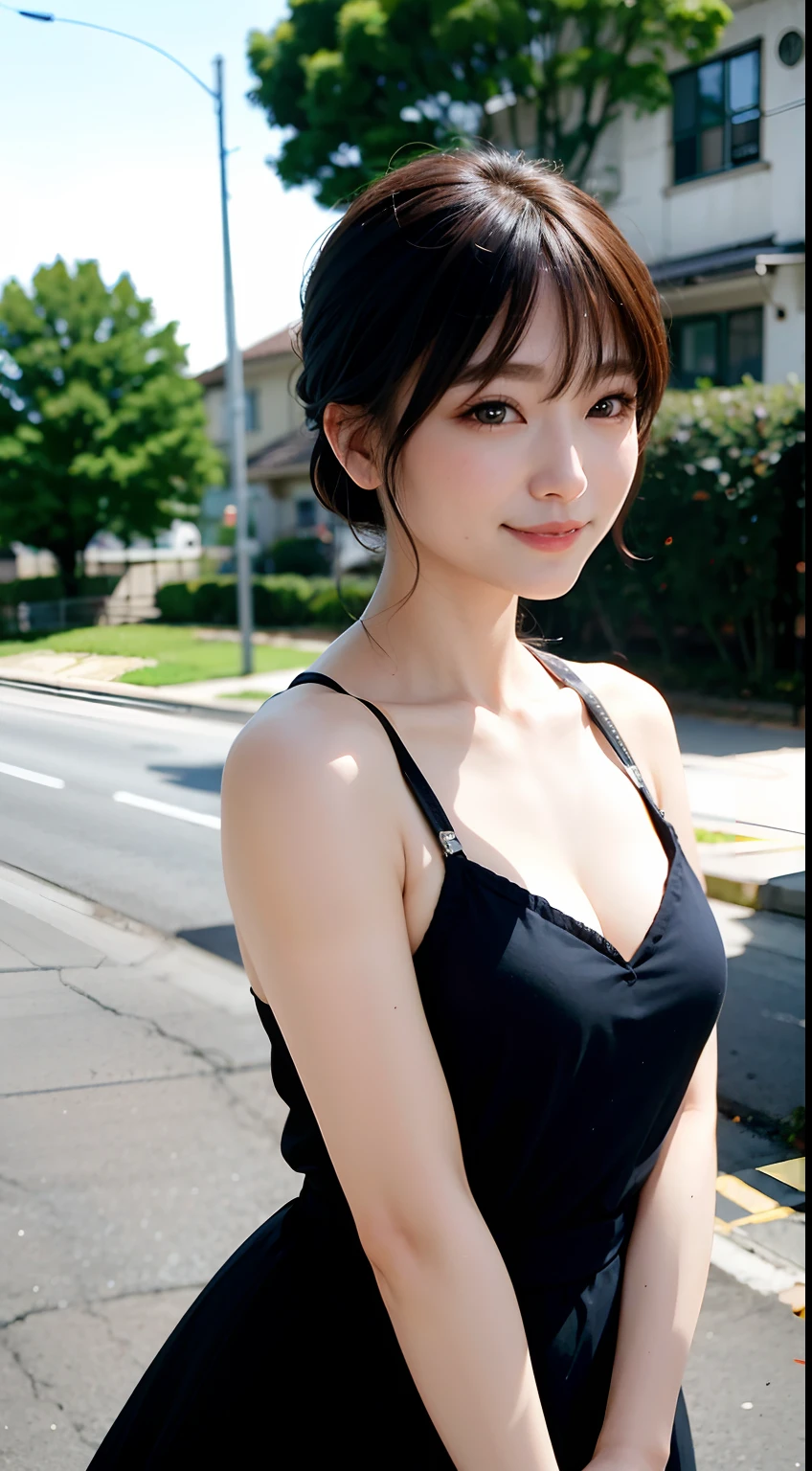 Woman posing in light clothes on street corner、top-quality、 1 a person、large full breasts、tag、with light glowing、blur backgroun、bokeh dof、outside of house、(Street:0.8)、(a person々、Large crowds:1)、Sleeveless、full body Esbian、Cat Cosplay、a gorgeous(short-hair、Forehead:1.2)、Sareme、Beautiful sky with details、耳Nipple Ring、 (The upper part of the body:0.8)、Soft lighting、the wind、glowy skin、A smile