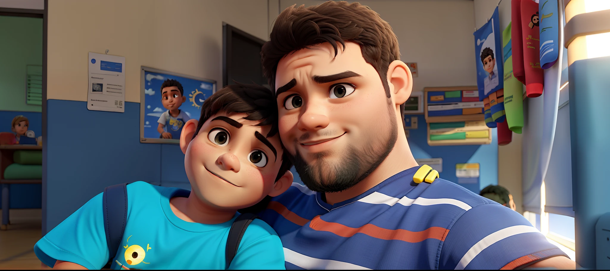 Pai e filho, iluminados pelo sol ao amanhecer, em frente a sala de aula.