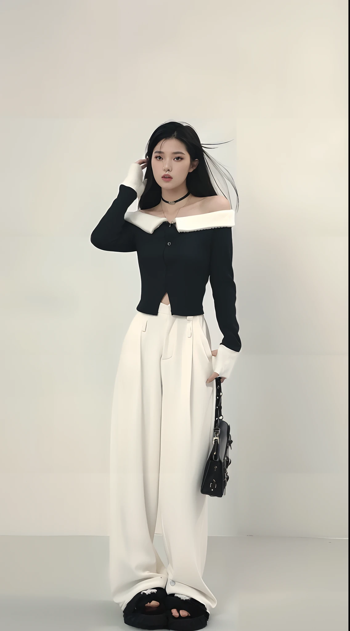 A woman wearing a black and white blouse and white pants, ( ivory black ), korean women's fashion model, jia, White and black clothing, shaxi, Black and white clothes, white russian clothes, lookbook, Open V chest clothes, ji-min, Full body picture, Pastel, white and black, dressed with long fluent clothes, with white, Official product image